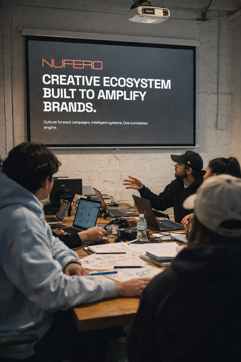 Nufero team in conference room with projector showing Creative Ecosystem Built To Amplify Brands