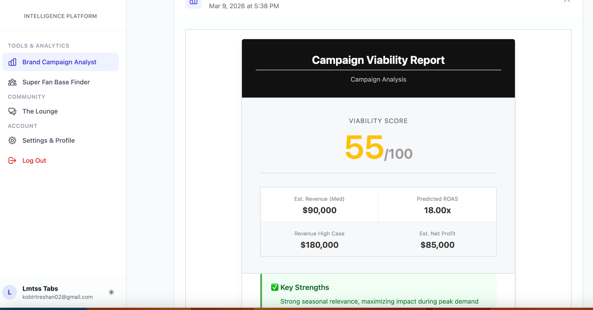 Campaign OS viability scoring form with launch type, budget, and primary channels